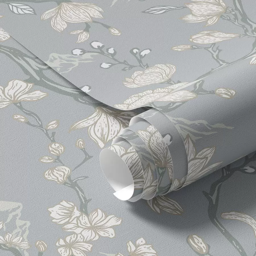 wall murals White flowers on branches and mountains on a blue background a00021