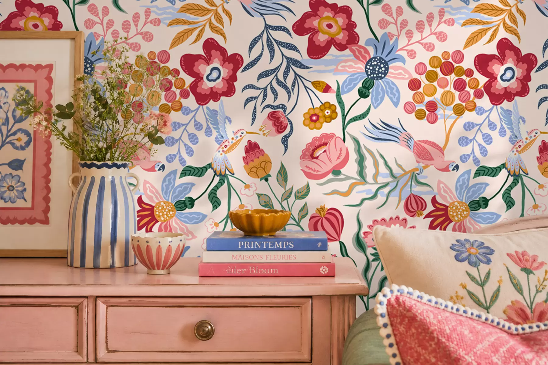 wall murals Bright flower and berry composition with parrots a00046