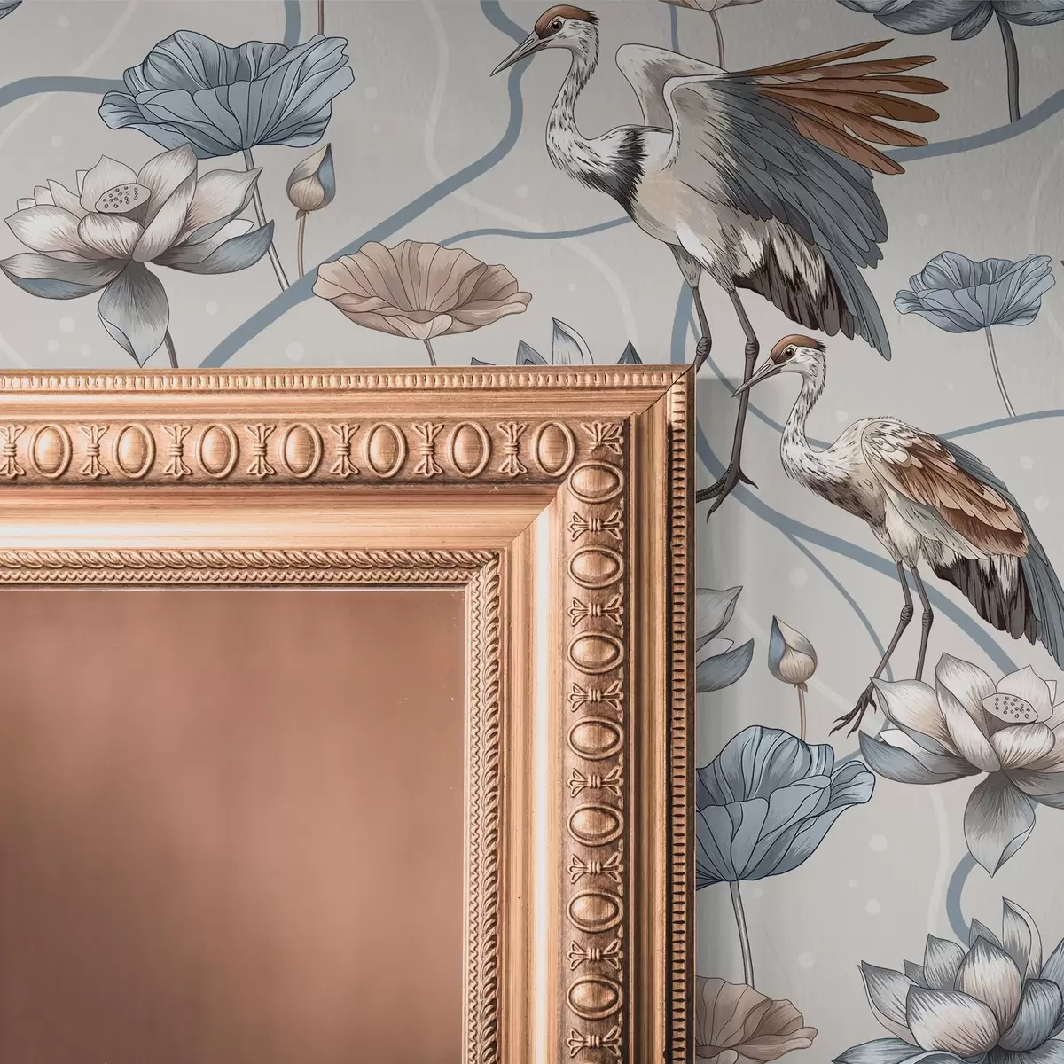 Wallpaper Composition with cranes and lotuses in pastel colors a00064