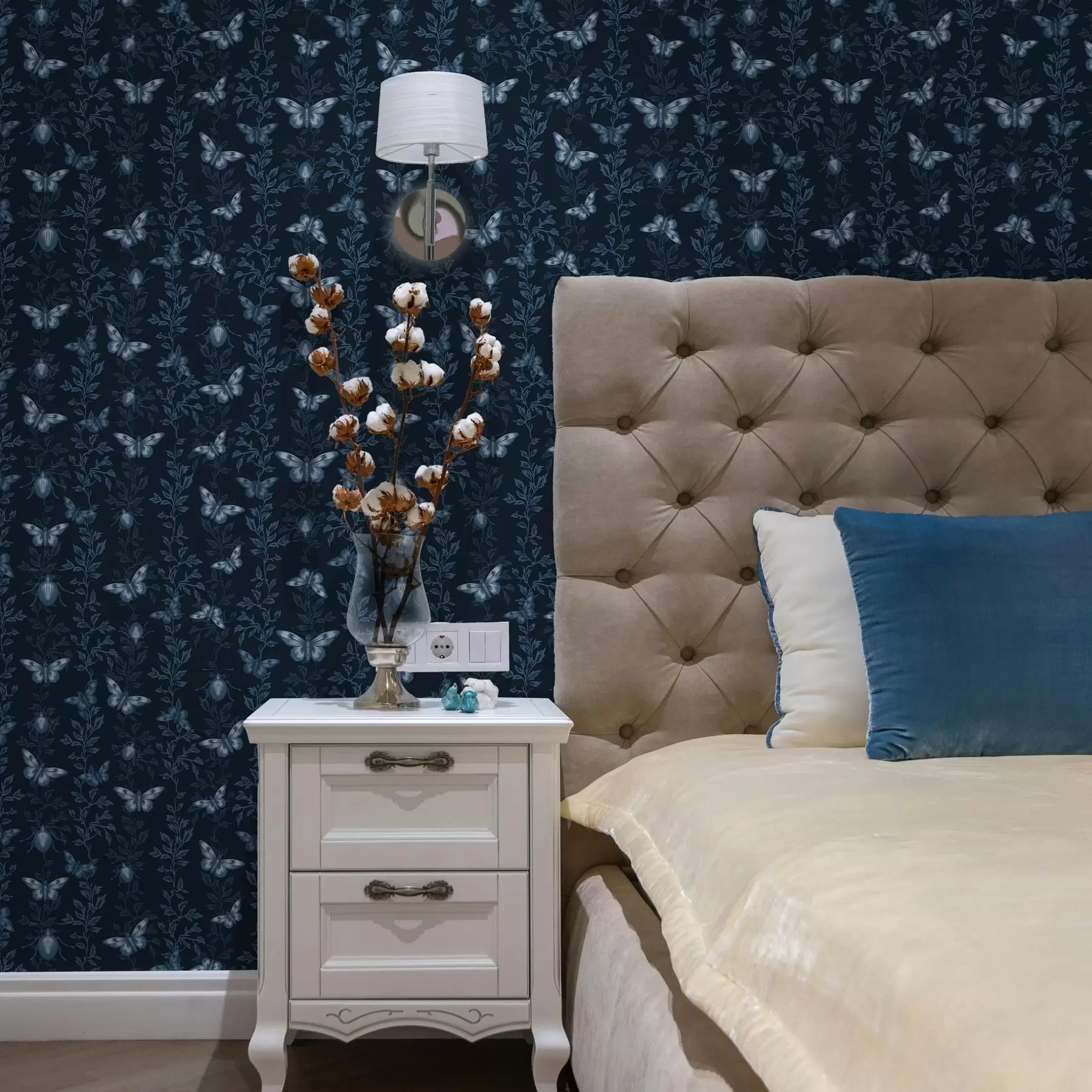 wall murals Composition with butterflies, leaves and insects on blue background a00073