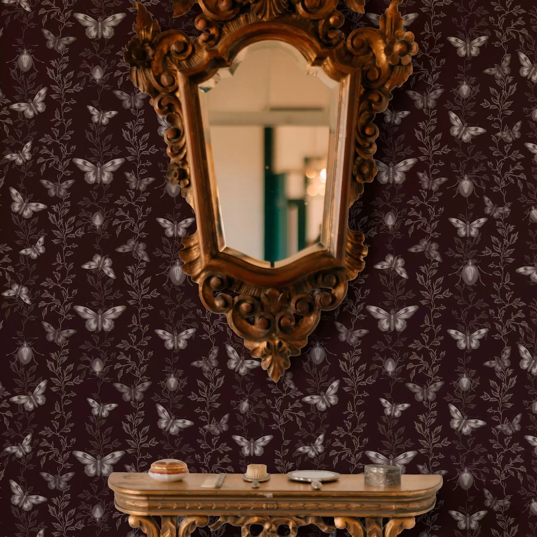 wall murals Composition with butterflies, leaves and insects on dark background a00073v1