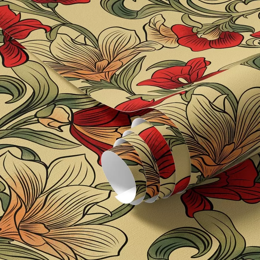 wall murals Bright twisted stems with leaves and red flowers a00075