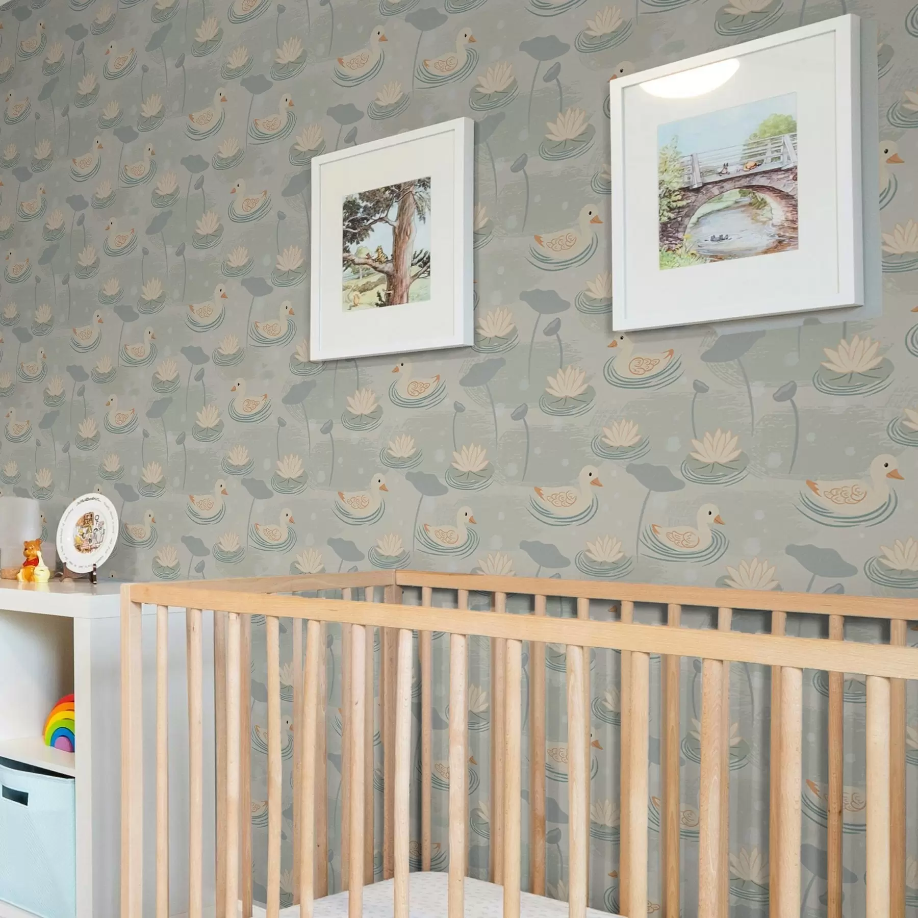 wall murals Ducklings in a pond with lotuses a00079