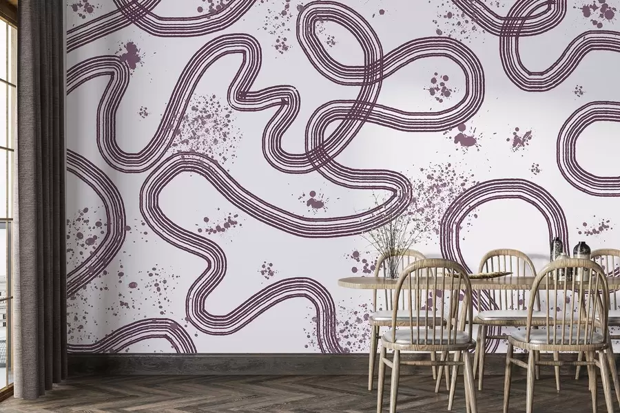 wall murals Line art drawing, paint splatters, minimalism, violet color w03408v1