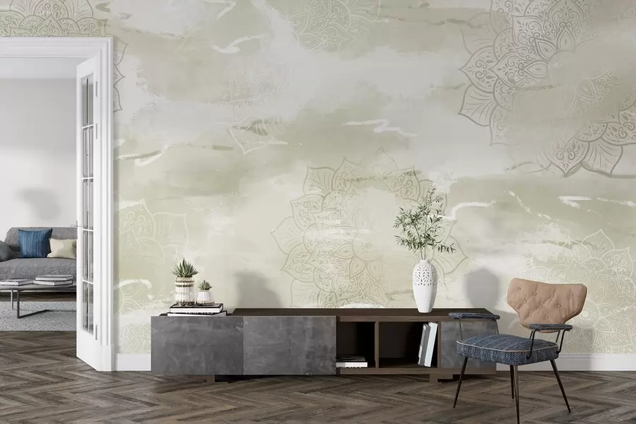 wall murals Mandalas on the pastel background, vivid brush strokes, green colors w03409v2