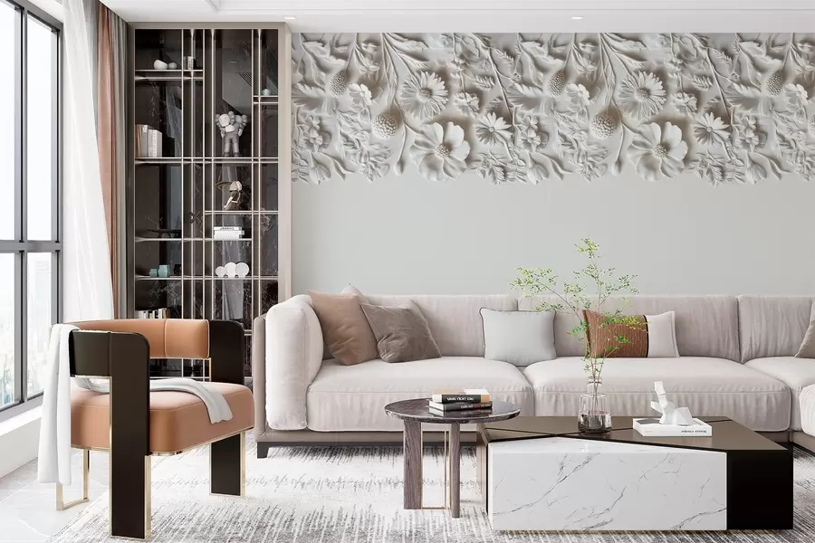 wall murals Imitation of bas-relief flowers on top in milk color w03398v1