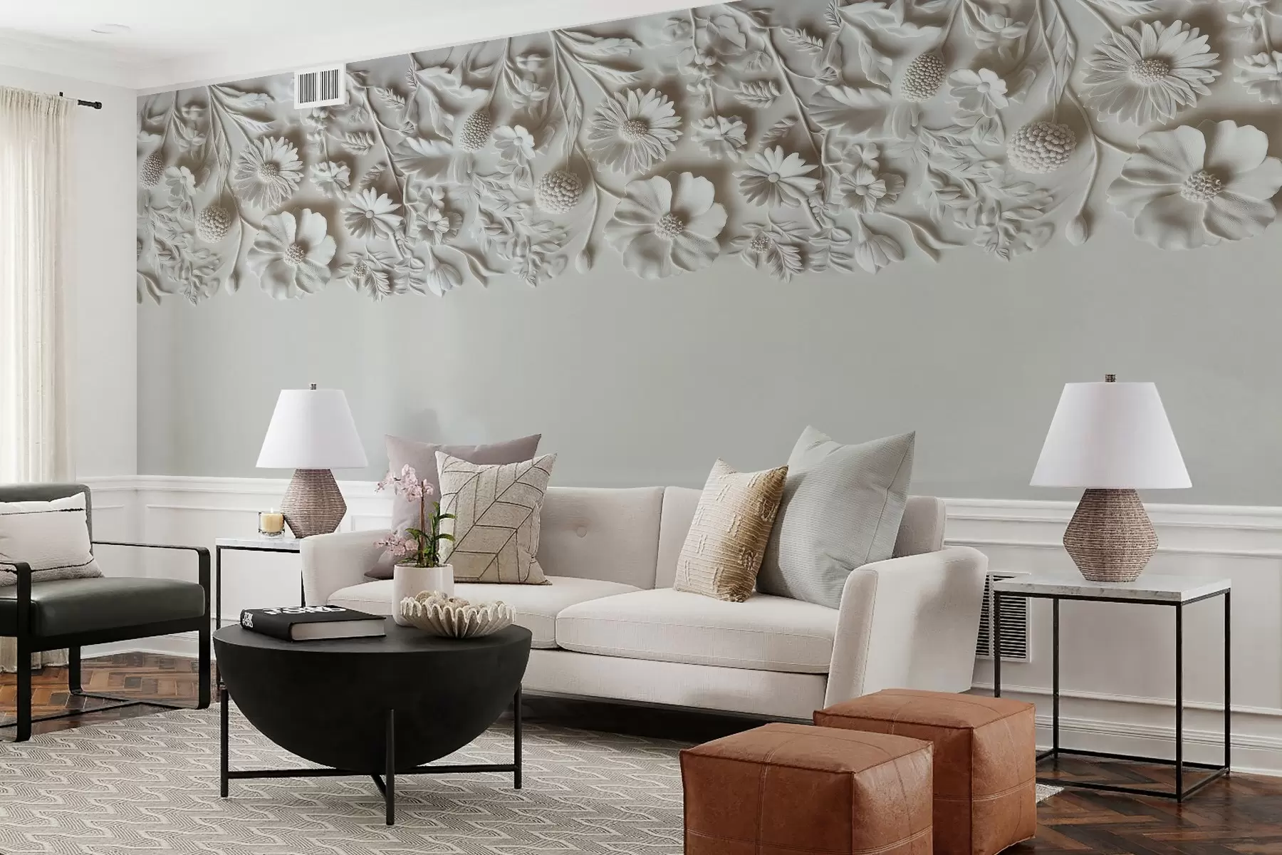 wall murals Imitation of bas-relief flowers on top in milk color w03398v1
