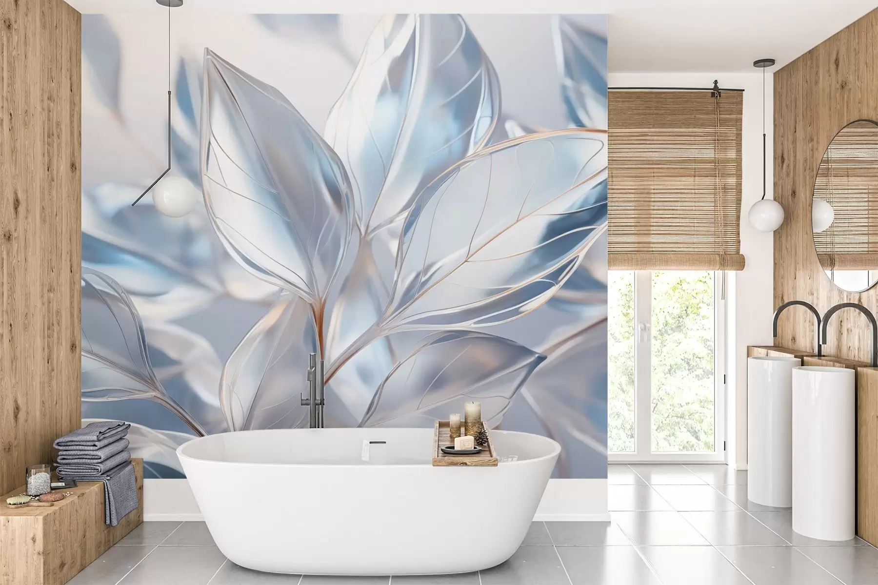 wall murals Large leaves blue shades w03472