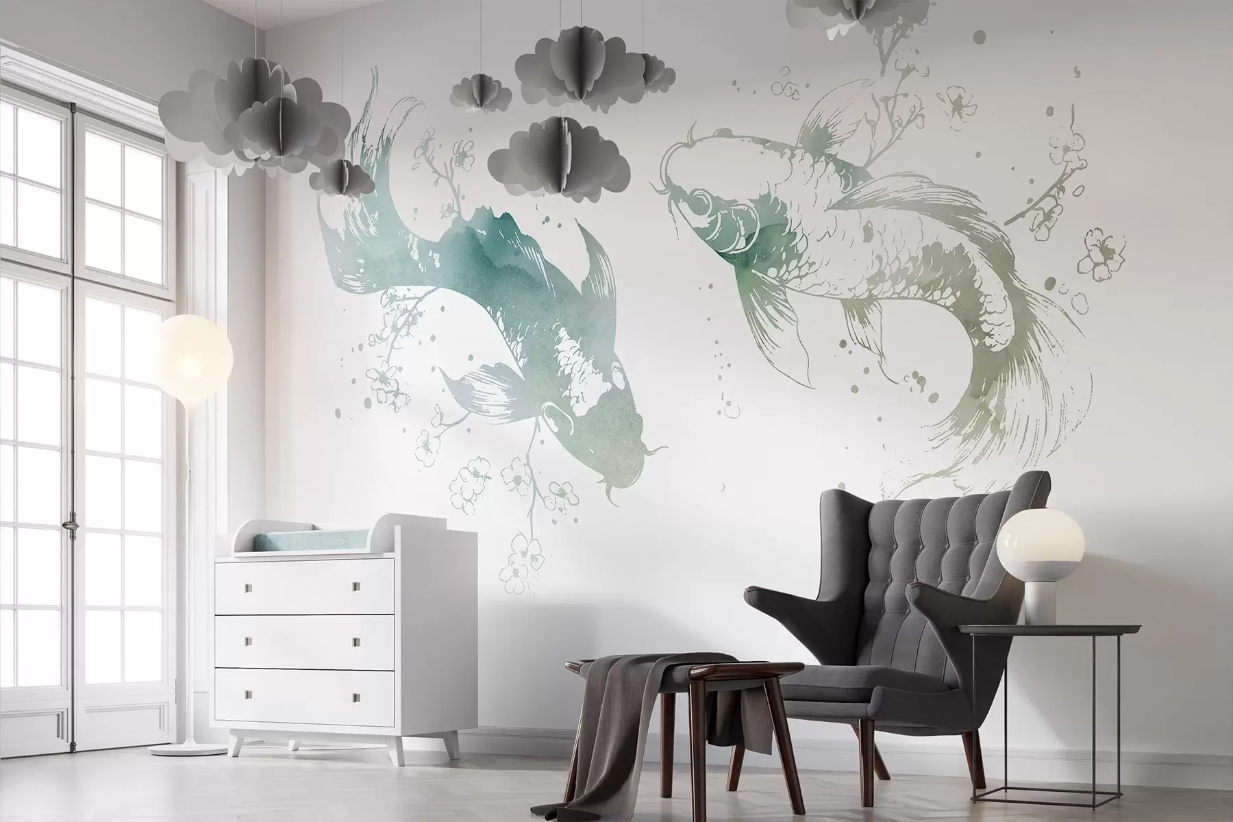 wall murals Watercolor fish, oriental style, cherry tree, green colors w03447v2