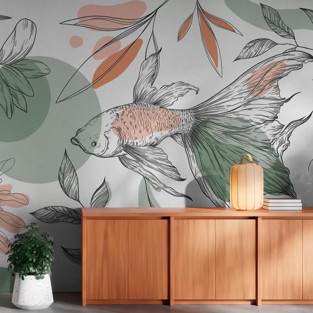 wall murals Line drawing fish with flowers, minimalism, marine, floral, natural colors w03448