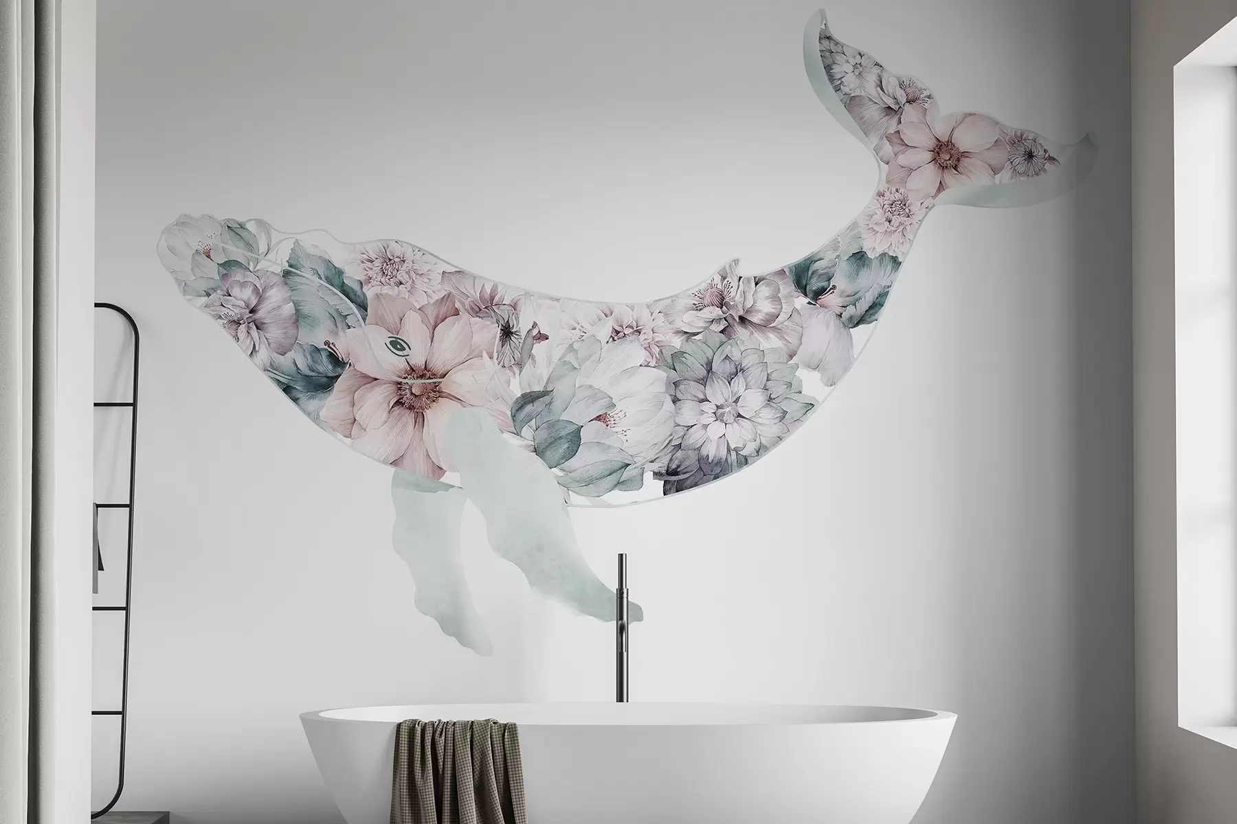 wall murals Beautiful whale with watercolor flowers, sea animals w03445v1
