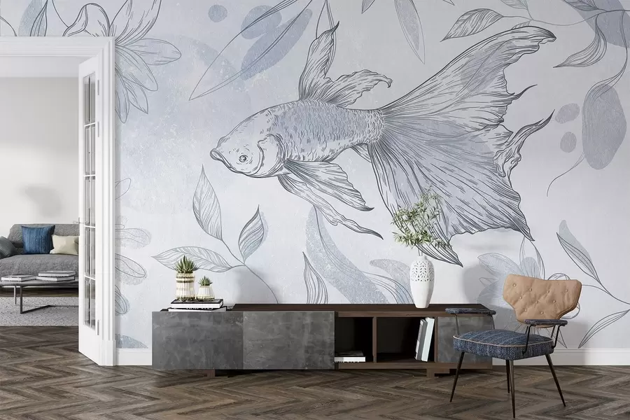 wall murals Fish with floral elements, blue background, line drawing w03517v2