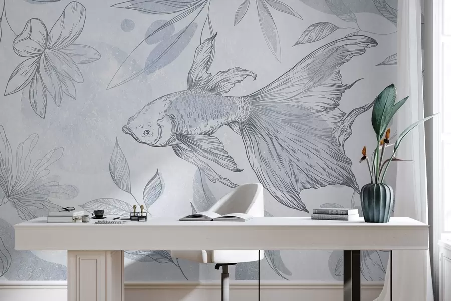 wall murals Fish with floral elements, blue background, line drawing w03517v2