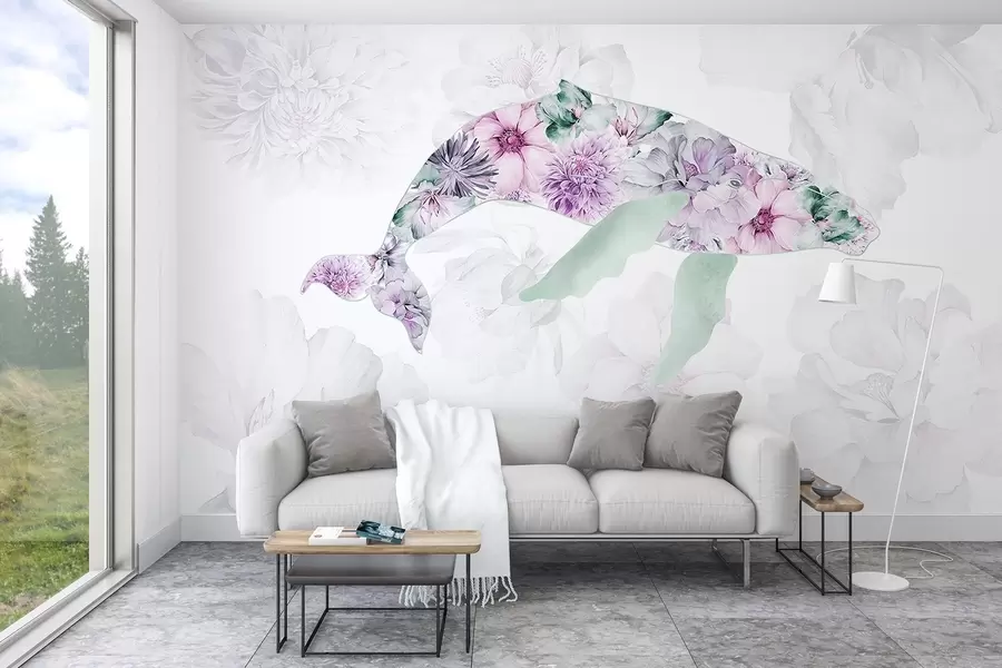 wall murals Whale with watercolor flowers, ocean animals, minimalism, pink and green w03446v1