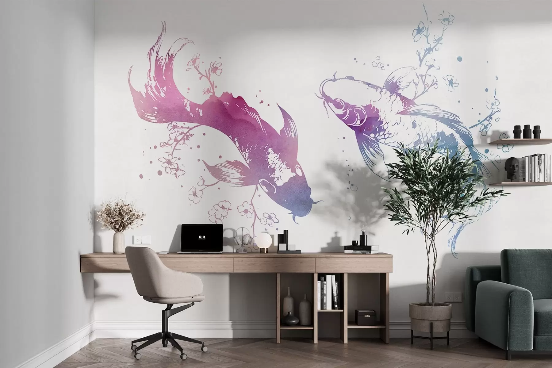 wall murals Watercolor fish, oriental style, cherry tree, blue and purple w03447
