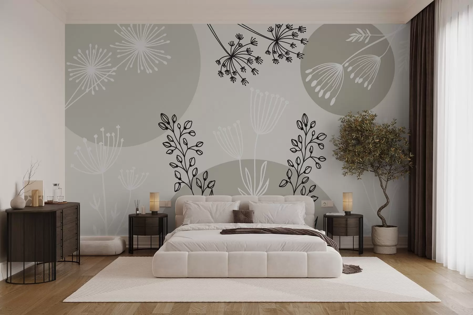 wall murals Abstraction with circles and plants in green tones w03483v1