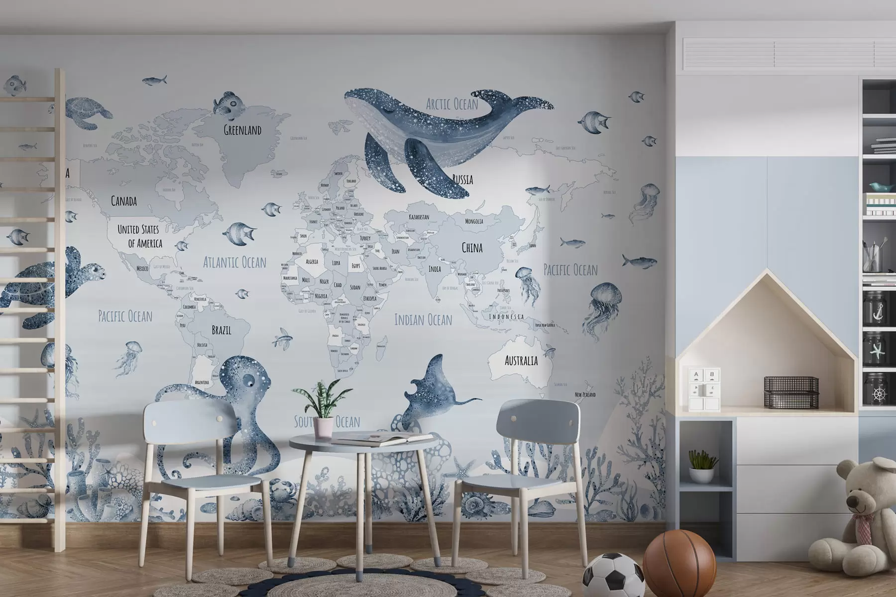 wall murals Underwater world with world map w03526v3