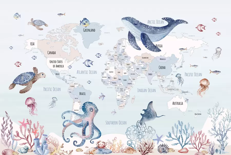 wall murals Underwater world with world map w03526