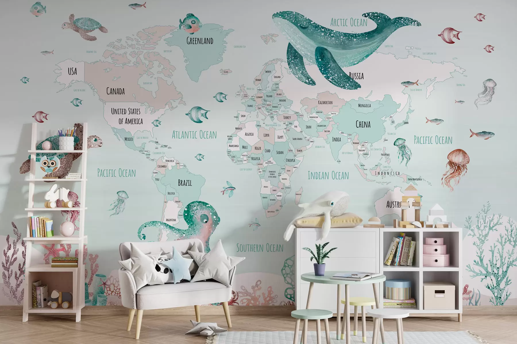 wall murals Underwater world with world map w03526v2