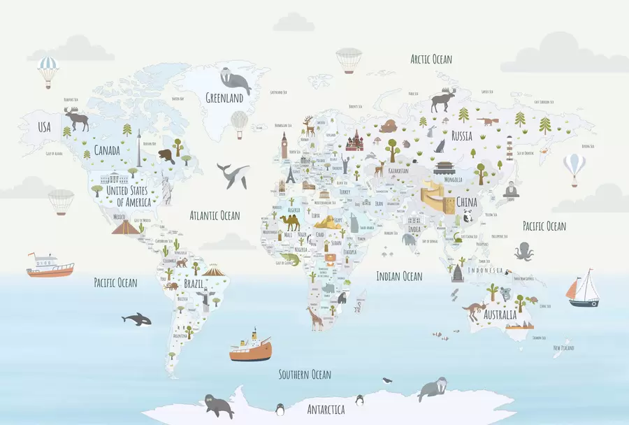 wall murals World map with animals and landmarks w03410