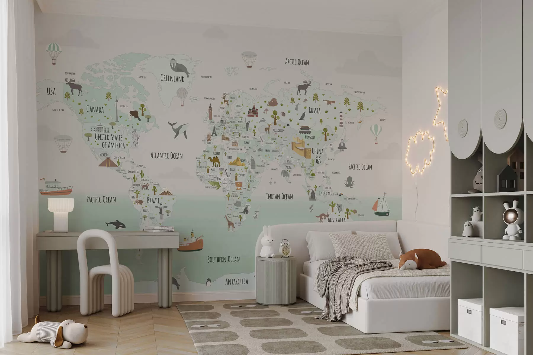 wall murals World map with animals and landmarks w03410v2