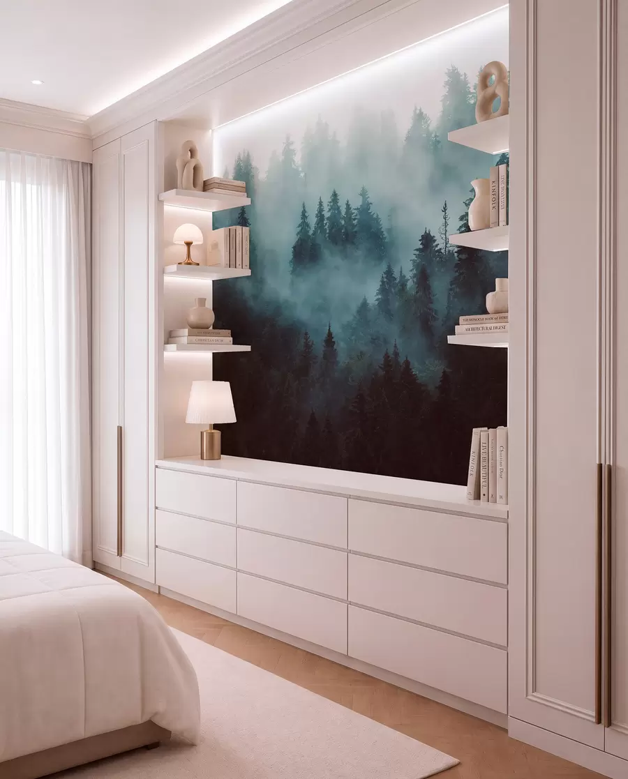 wall murals Beautiful forest in the fog u54118