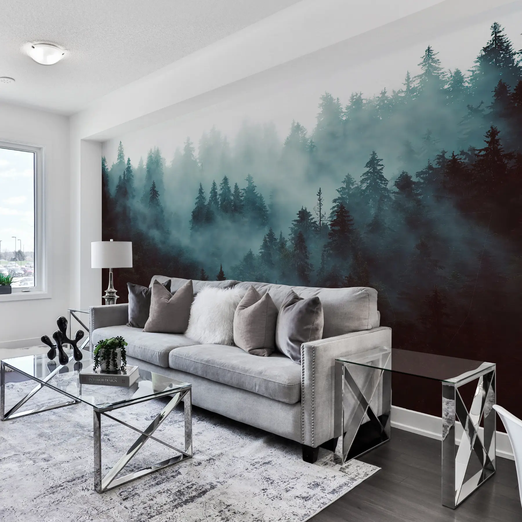 wall murals Beautiful forest in the fog u54118