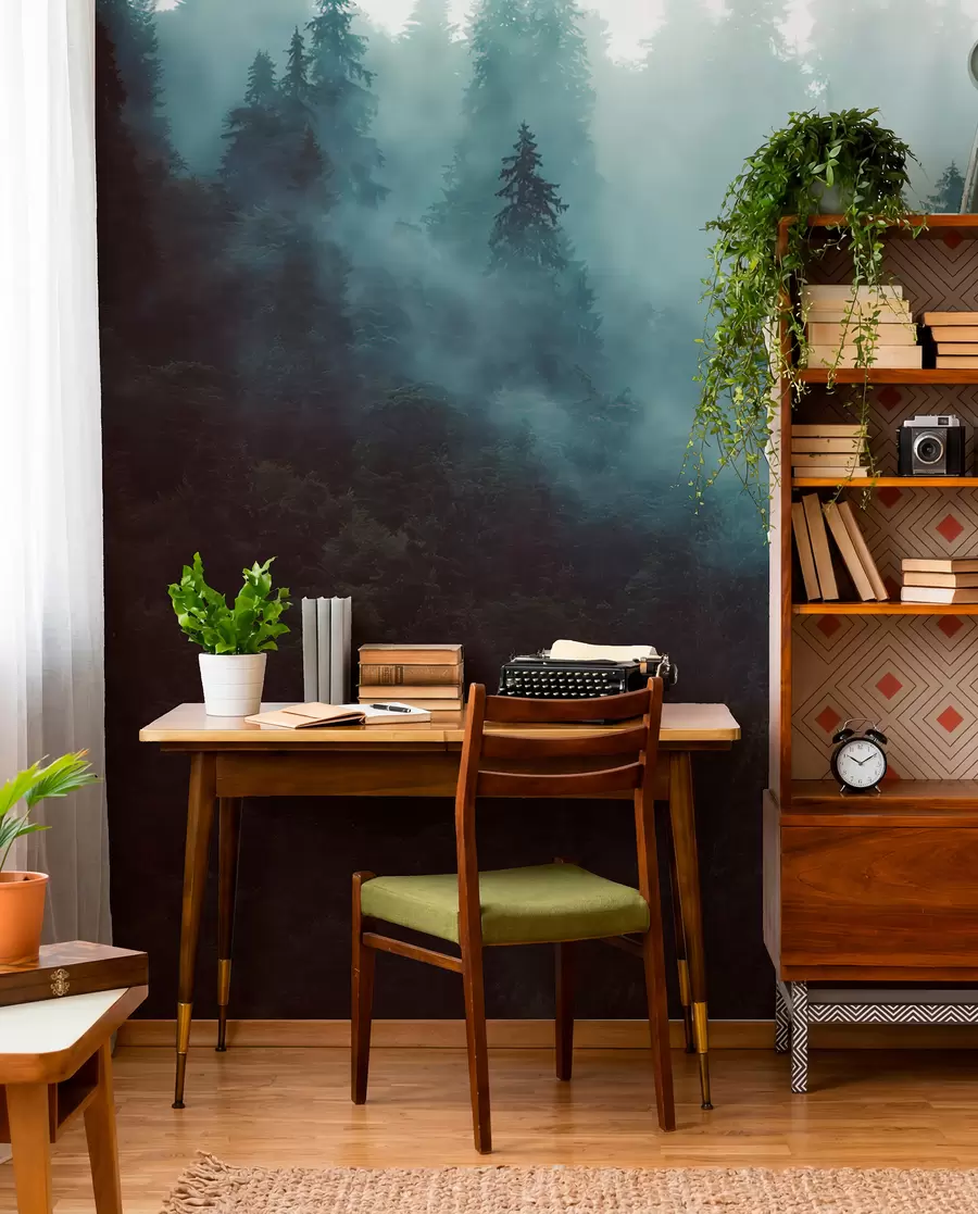 wall murals Beautiful forest in the fog u54118