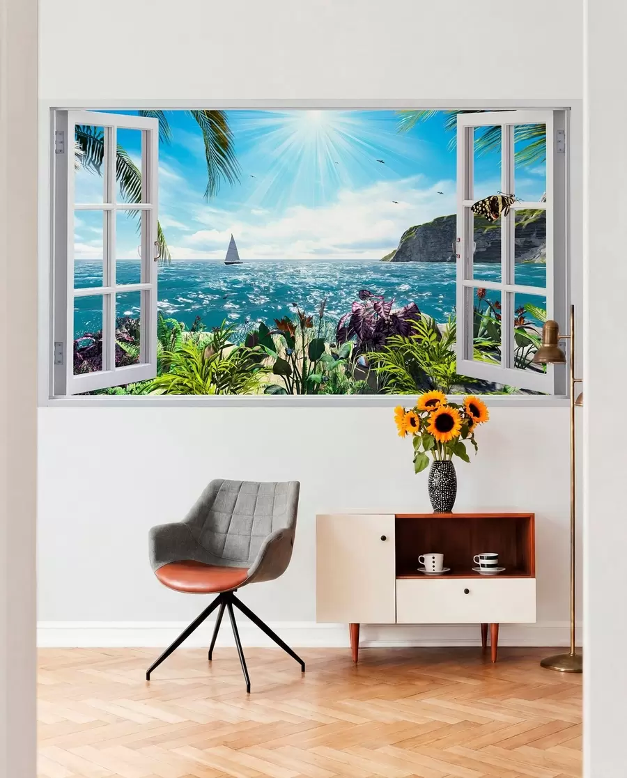 wall murals View from the window to the sea and the yacht u54608