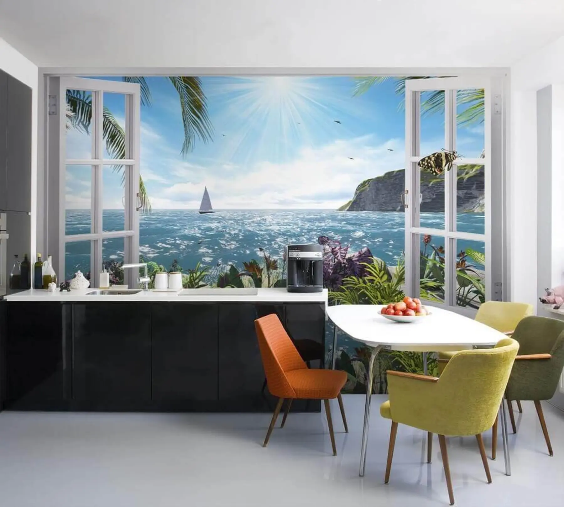 wall murals View from the window to the sea and the yacht u54608