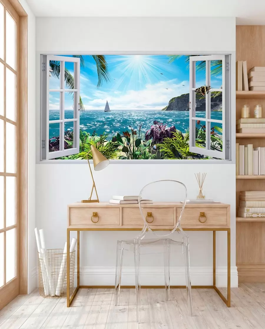 wall murals View from the window to the sea and the yacht u54608