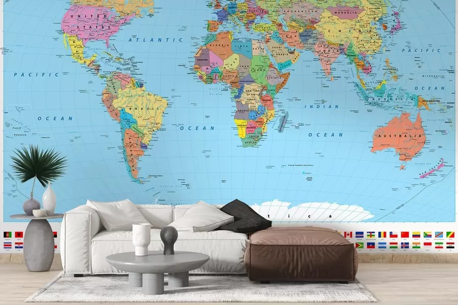 wall murals World map with country flags u60137