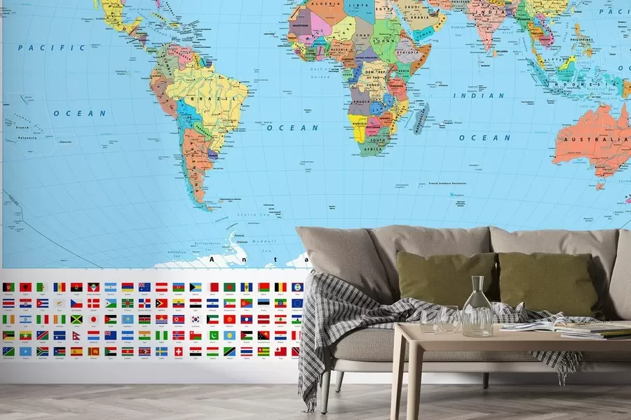 wall murals World map with country flags u60137