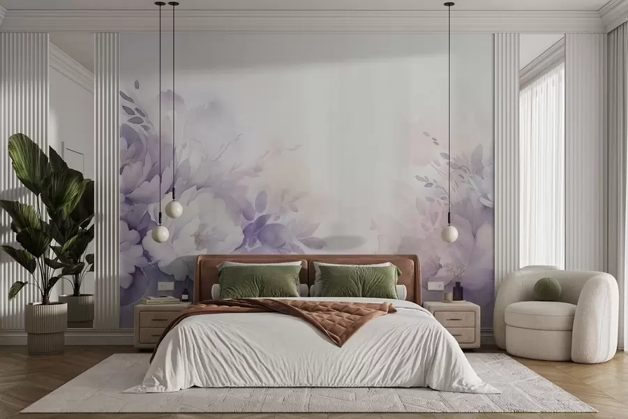 wall murals Large delicate lilac flowers, imitation of watercolor w08946