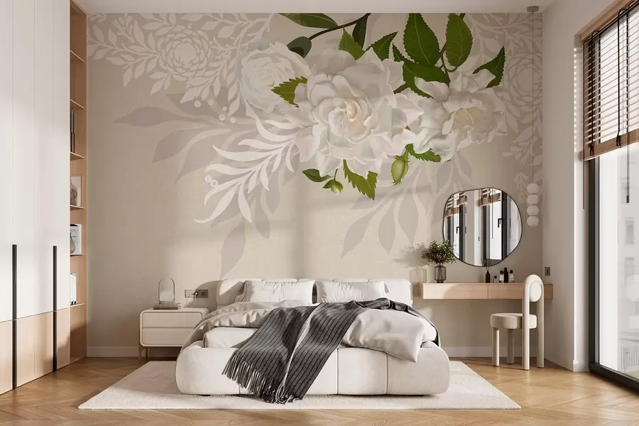 wall murals white roses on a beige patterned background w03453