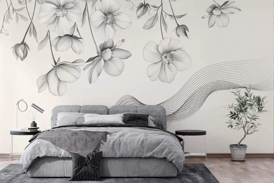 wall murals graphic flowers and lines on a light background w03454
