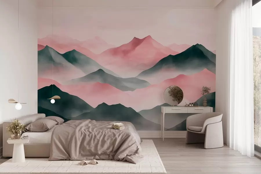 wall murals Mountains landscapes, watercolor style, mist, pink and grey w03548v1