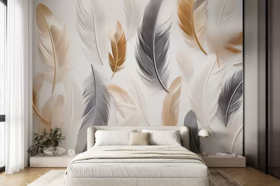 wall murals Beige-gray feathers in soft, calm tones w08955