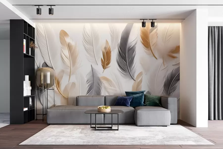 wall murals Beige-gray feathers in soft, calm tones w08955