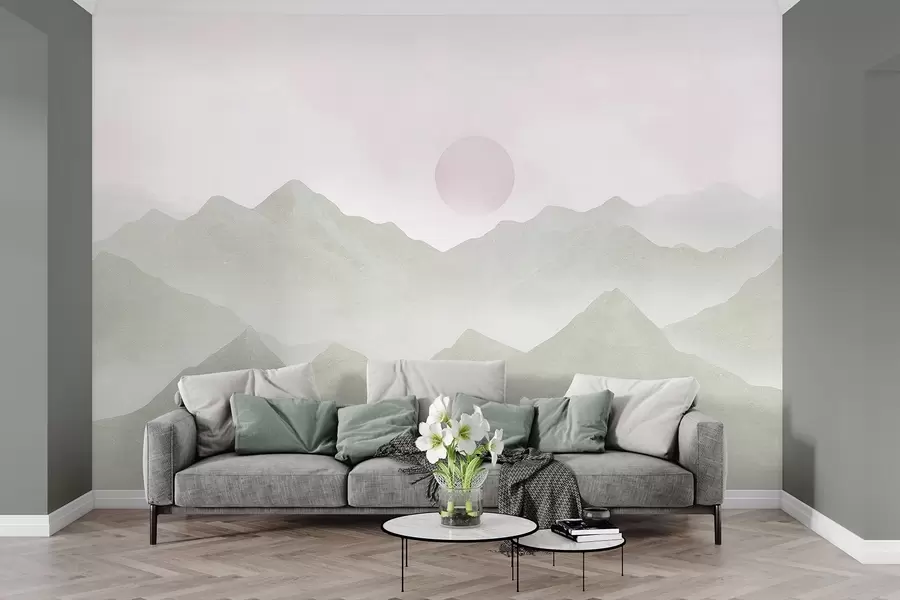 wall murals Boho style mountains landscape, sunset, soft pastel, green w03547