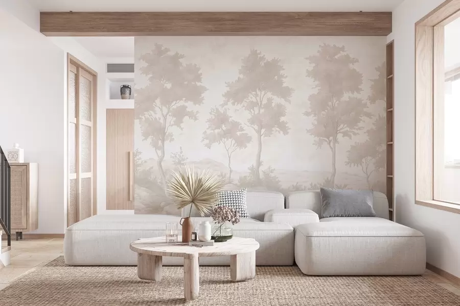 wall murals Trees on the hill, pastel style drawing, beige colors, rustic w03550