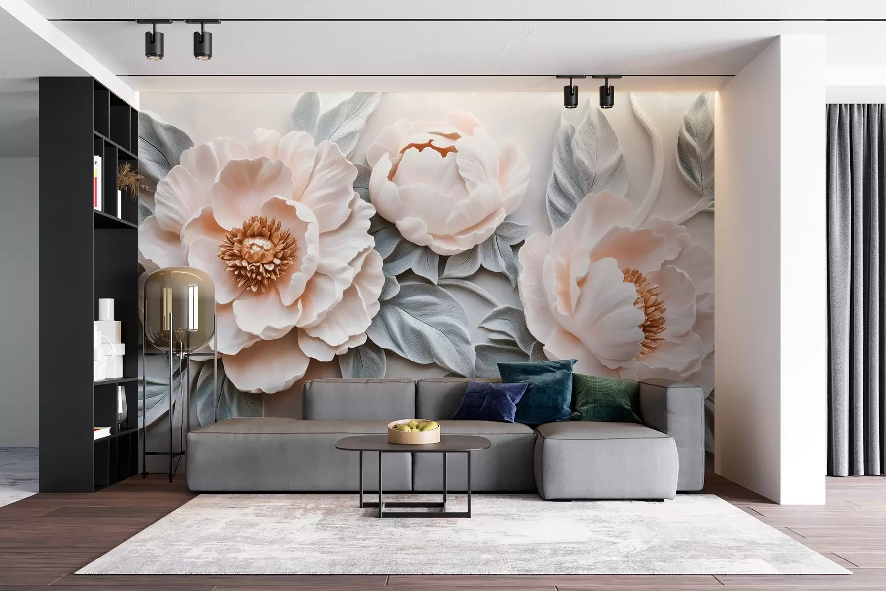 wall murals Magnificent large peonies with leaves in fresco style w08954