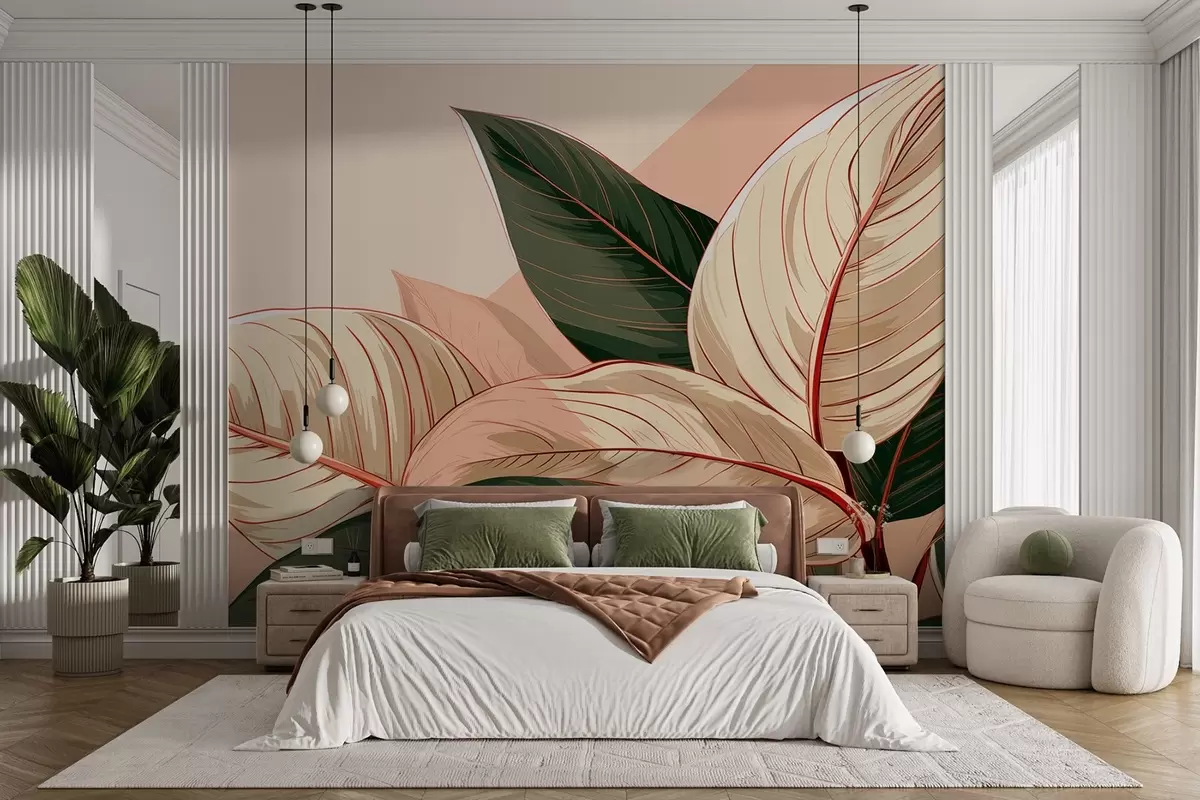 wall murals Green-beige large tropical leaves with a pink fragment w08970
