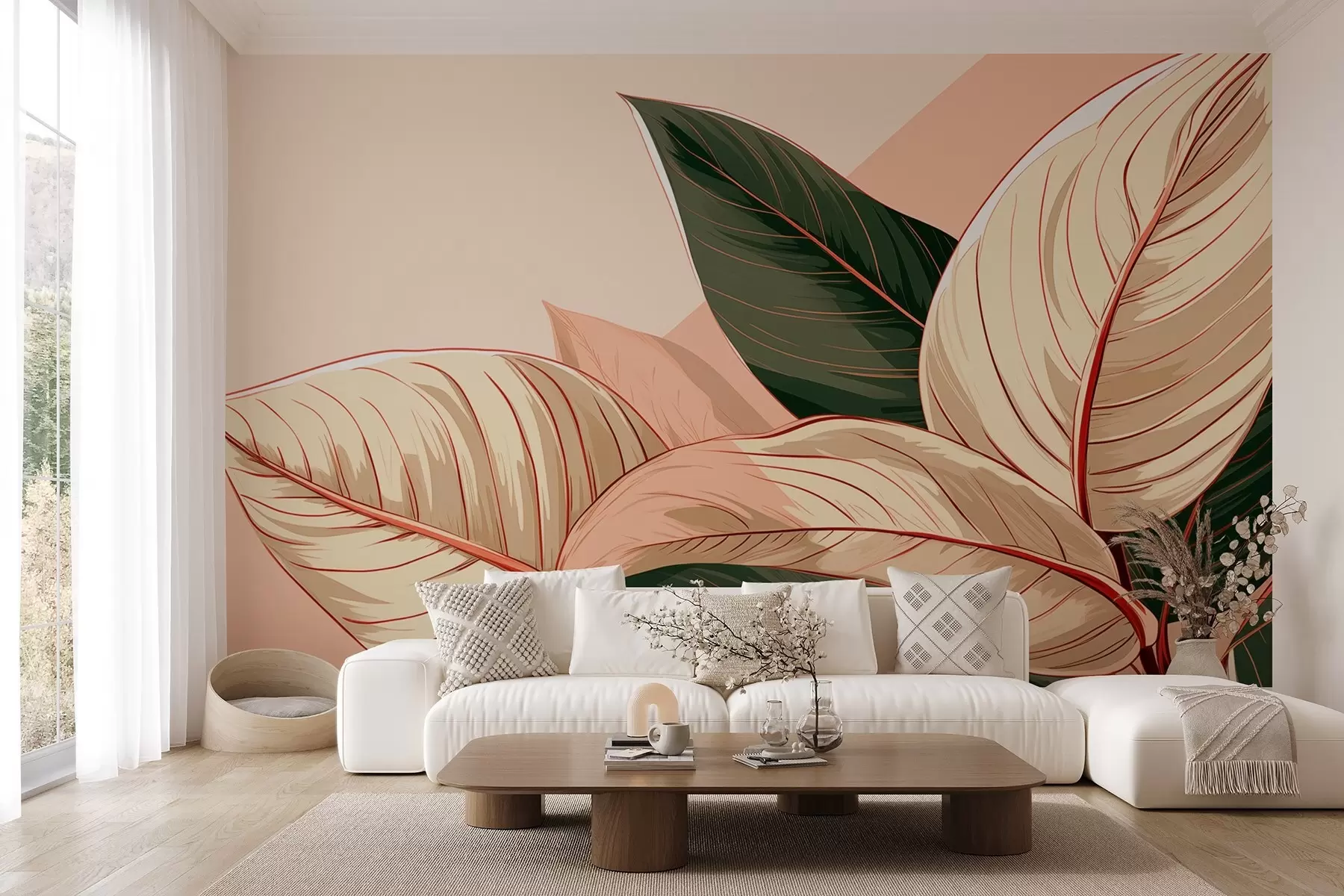 wall murals Green-beige large tropical leaves with a pink fragment w08970
