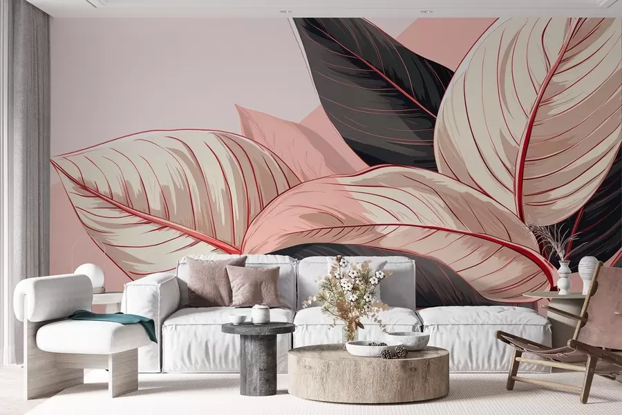 wall murals Pink-gray large tropical leaves with a pink fragment w08970v1
