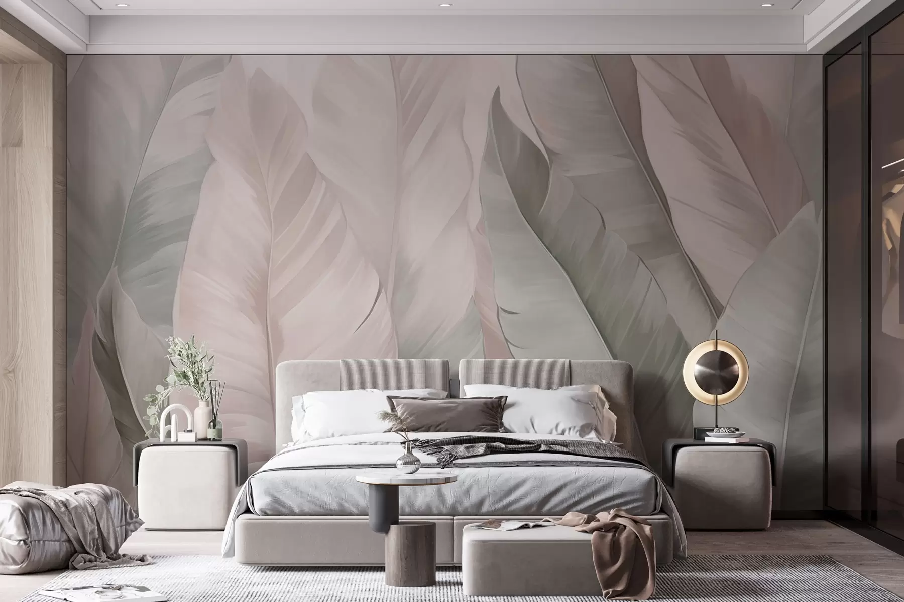 wall murals Pink and green delicate tropical foliage w03598v1