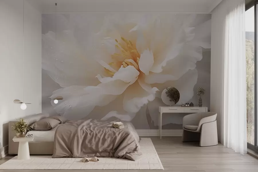 wall murals Blooming peony flower with dew drops w03602