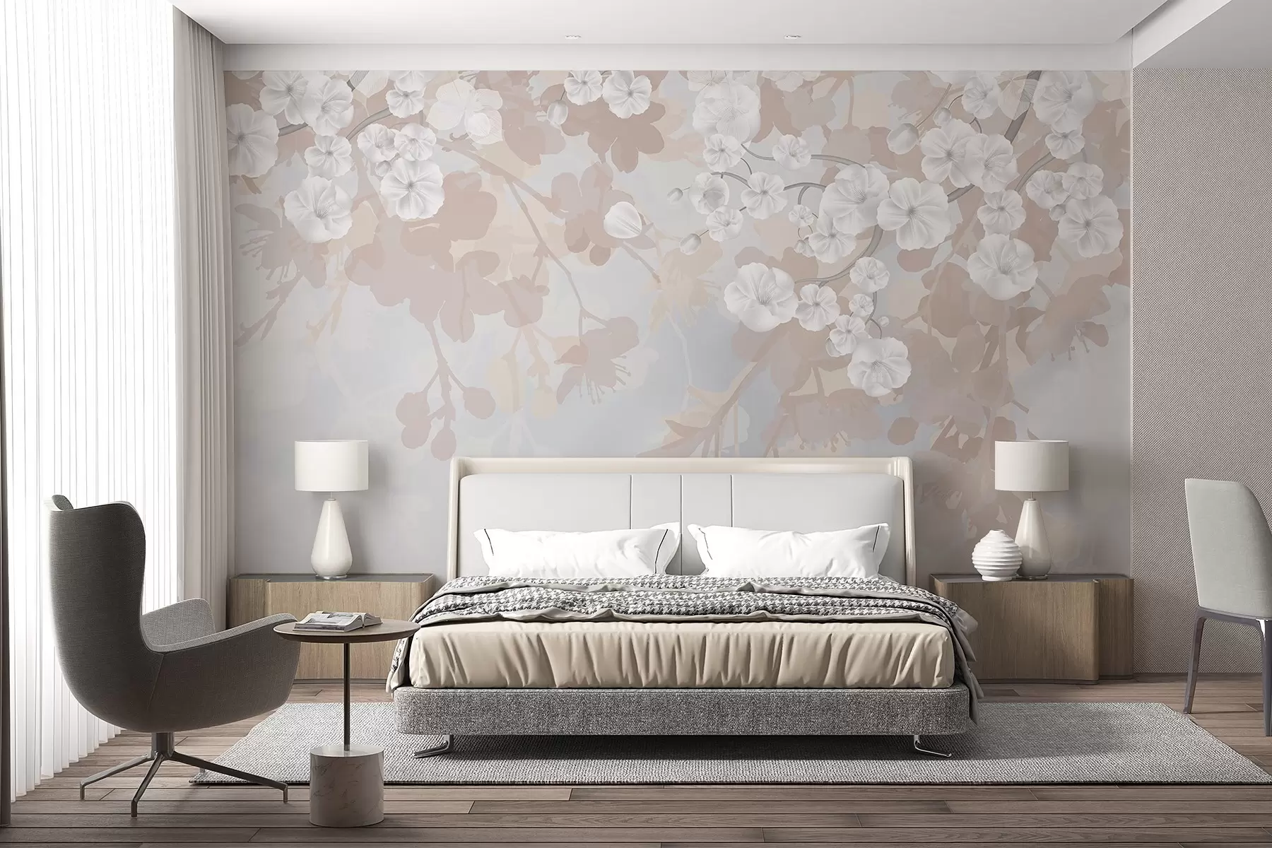 wall murals Cherry blossom branches with white flowers and grey leaves, on elegant floral silhouettes in soft pastel colors w08973