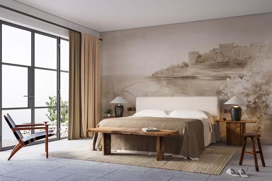 wall murals Textured vintage landscape with a castle on a cliff overlooking the sea, with lavender flowers in muted colors w08975v1