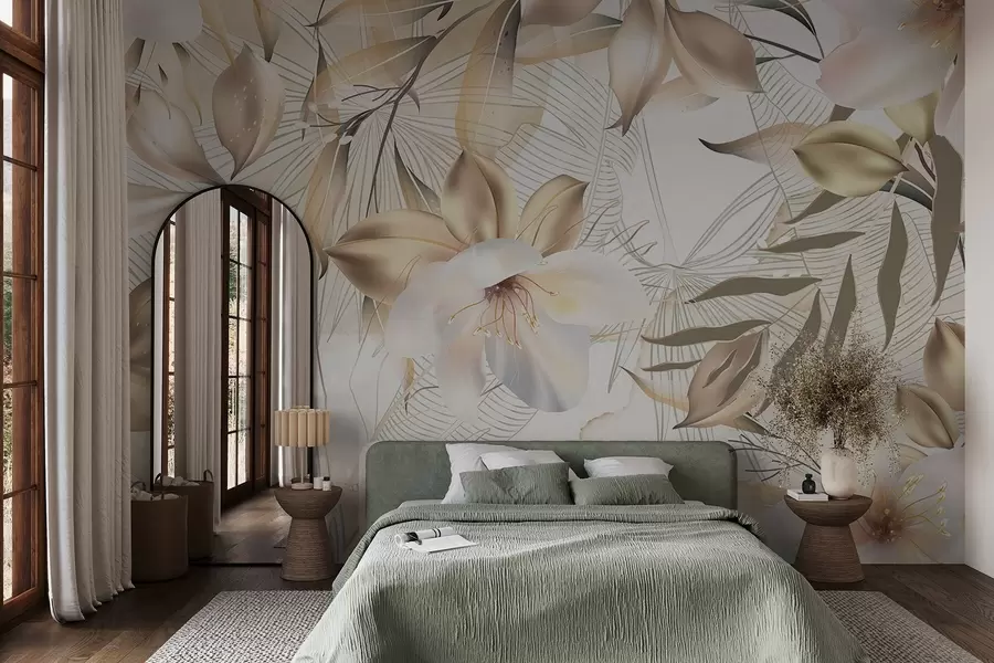 wall murals Jasmine flowers and leaves, soft colors, botanical illustration, floral background , elegant design, delicate petals w08977